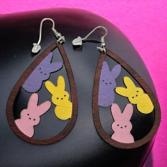 Easter Bunny Rabbit Earrings Spring Peeps Cute Wood Large 3" Dangle Jewelry NEW - Picture 6 of 6
